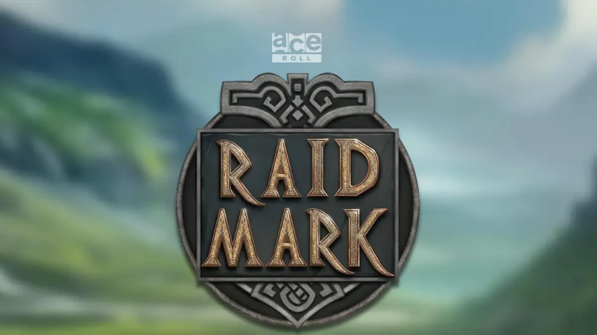 Isang visual na representasyon ng Viking-themed slot na Raidmark na may mga rune at longship.