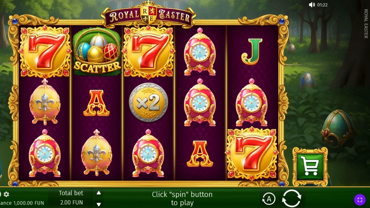 Royal Easter slot machine interface na may mga gintong itlog at marangyang hardin