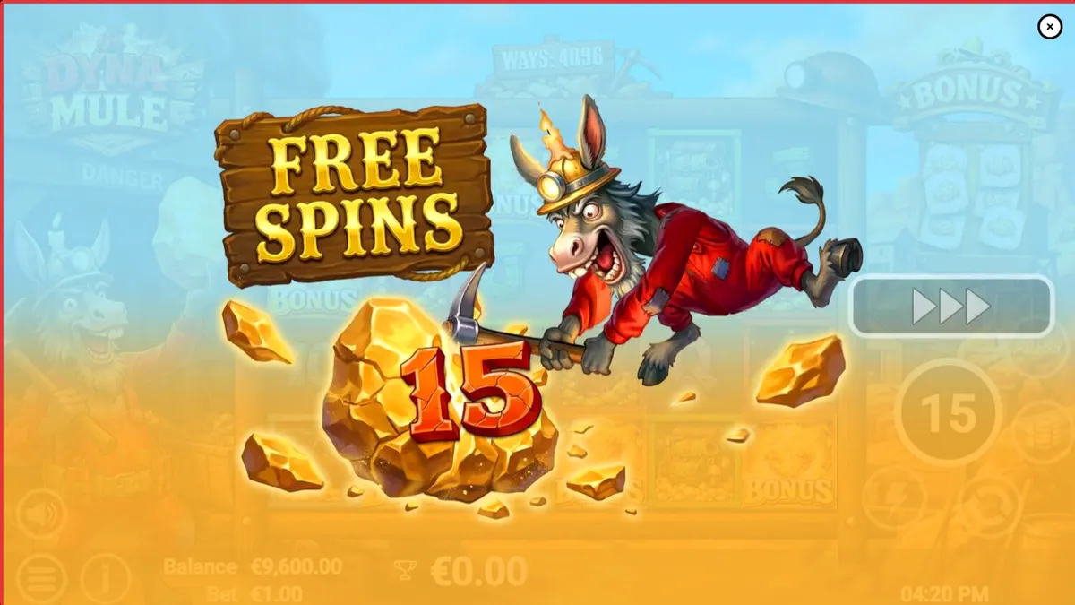 Ang makulay at maaksyong interface ng Dyna Mule slot na may mga mining theme symbols.